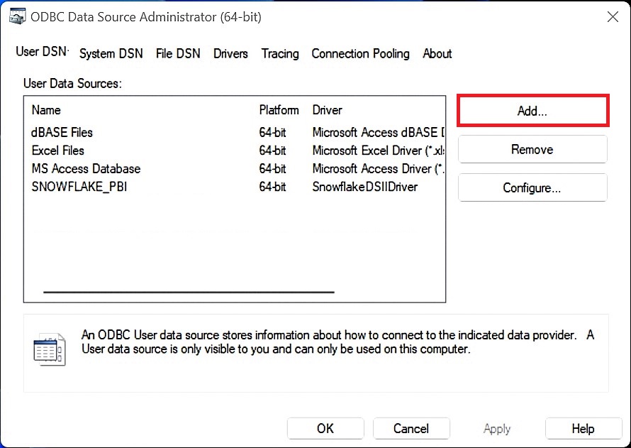 ODBC Data Source Administrator (64-bit) window